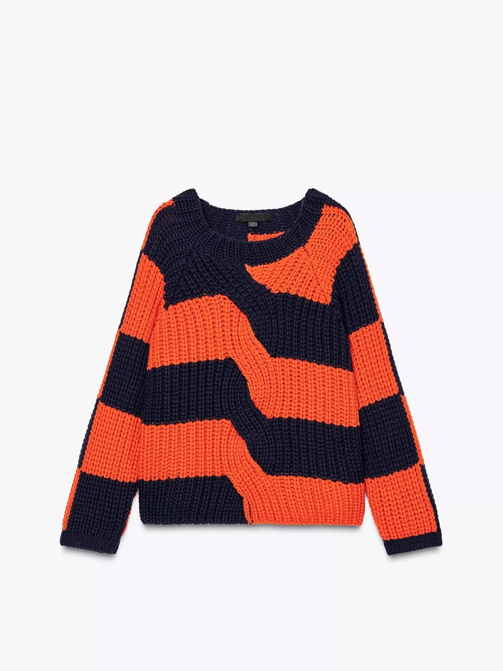 Zara Navy and Orange Striped Crewneck Sweater